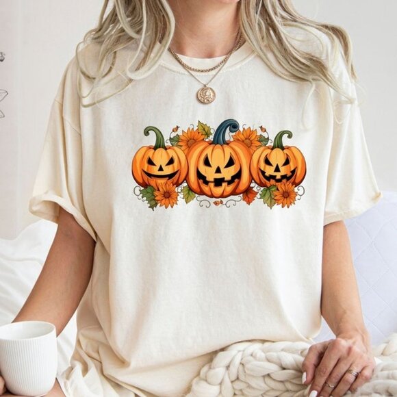 Floral Pumpkin T Shirt, Halloween Pumpkin Tee - Picture 1 of 3